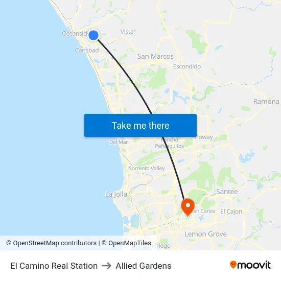 El Camino Real Station to Allied Gardens map