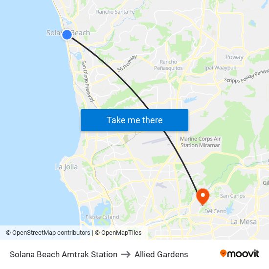Solana Beach Amtrak Station to Allied Gardens map