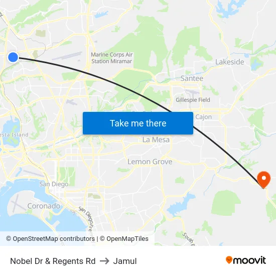 Nobel Dr & Regents Rd to Jamul map