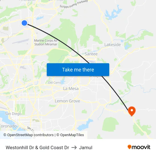 Westonhill Dr & Gold Coast Dr to Jamul map