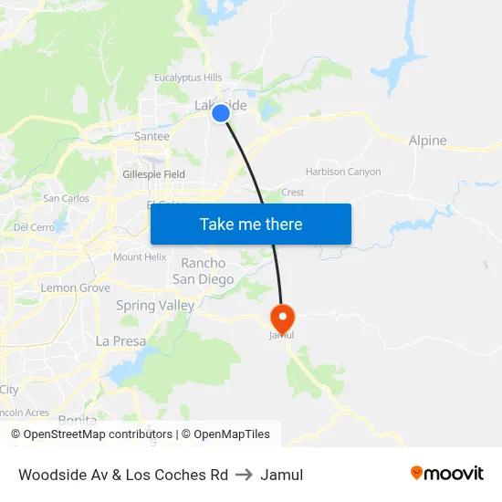 Woodside Av & Los Coches Rd to Jamul map