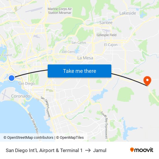 San Diego Int'L Airport & Terminal 1 to Jamul map