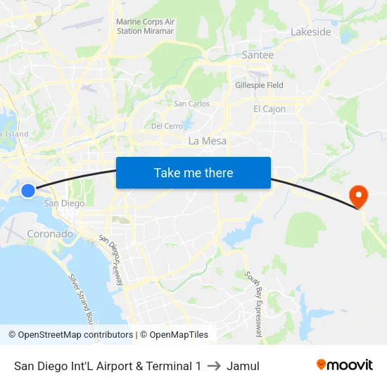 San Diego Int'L Airport & Terminal 1 to Jamul map