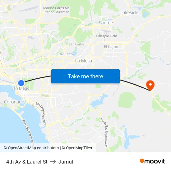 4th Av & Laurel St to Jamul map