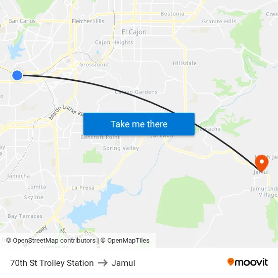 70th St Trolley Station to Jamul map