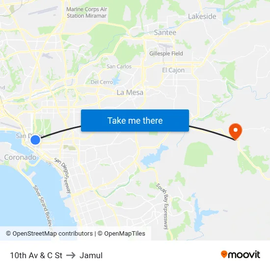 10th Av & C St to Jamul map