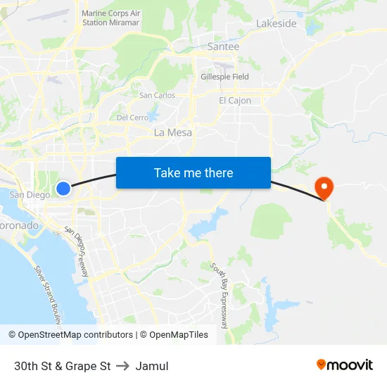 30th St & Grape St to Jamul map