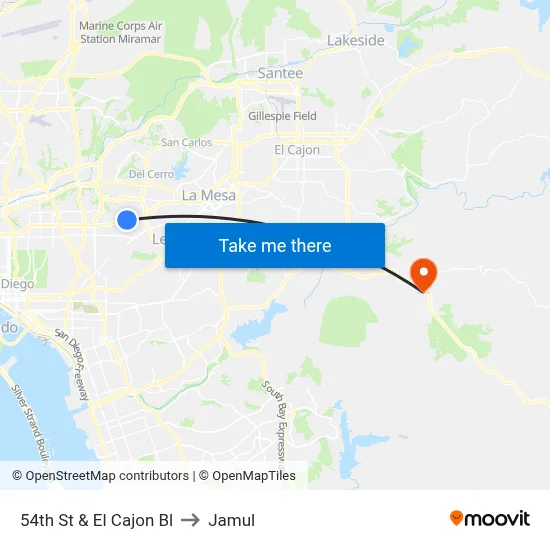 54th St & El Cajon Bl to Jamul map