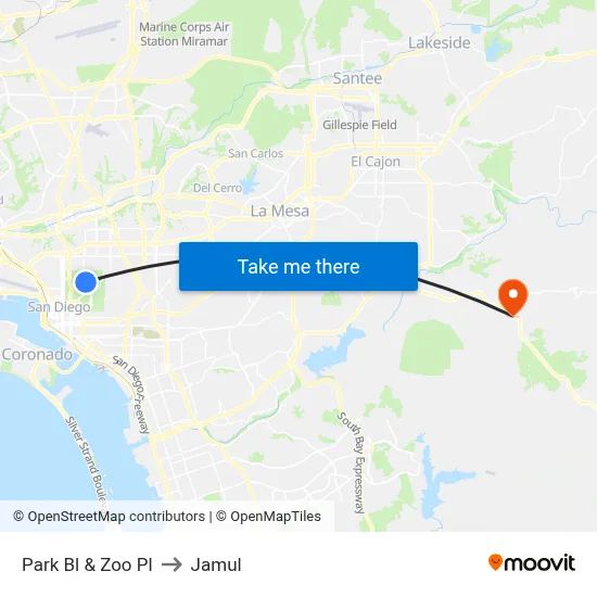 Park Bl & Zoo Pl to Jamul map