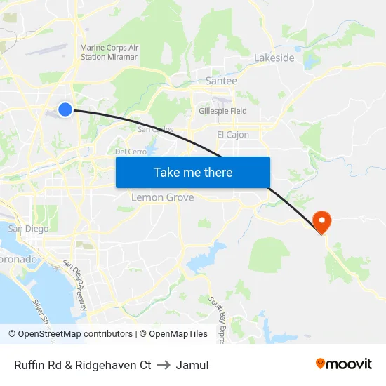 Ruffin Rd & Ridgehaven Ct to Jamul map