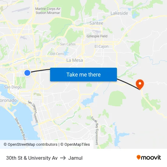 30th St & University Av to Jamul map