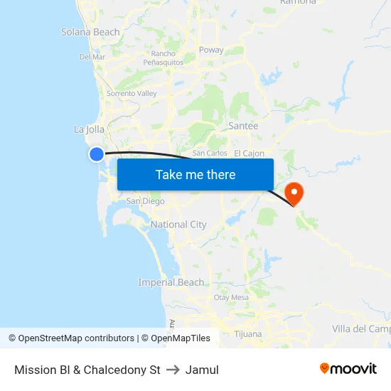 Mission Bl & Chalcedony St to Jamul map