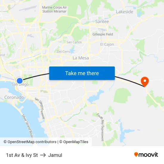 1st Av & Ivy St to Jamul map
