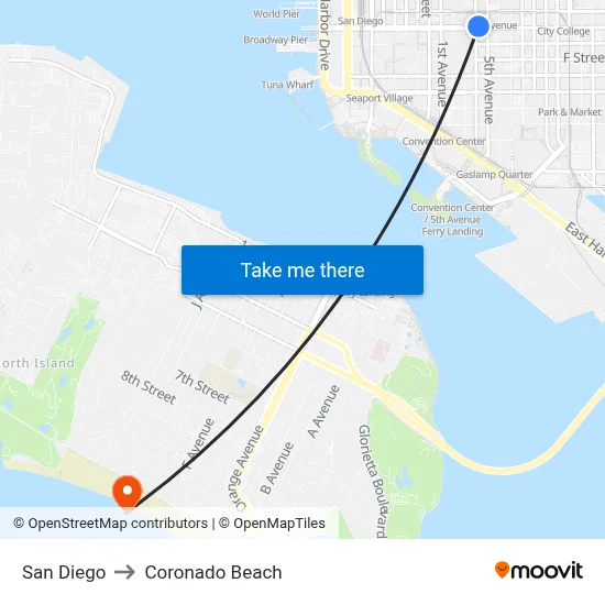San Diego to Coronado Beach map