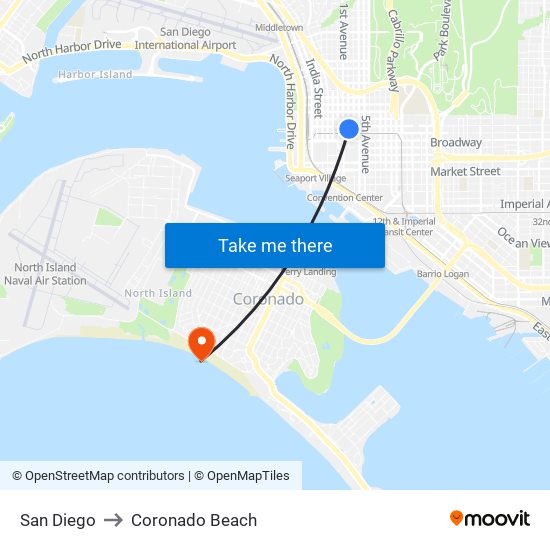 San Diego to Coronado Beach map