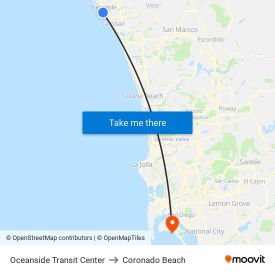 Oceanside Transit Center to Coronado Beach map