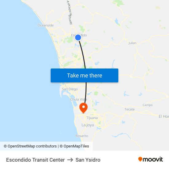 Escondido Transit Center to San Ysidro map