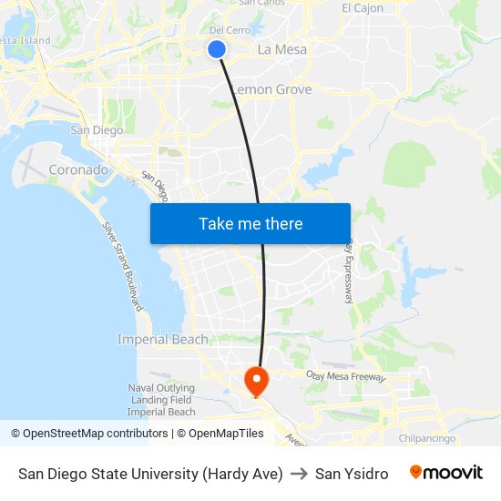 San Diego State University (Hardy Ave) to San Ysidro map