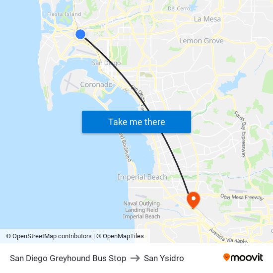 San Diego Greyhound Bus Stop to San Ysidro map