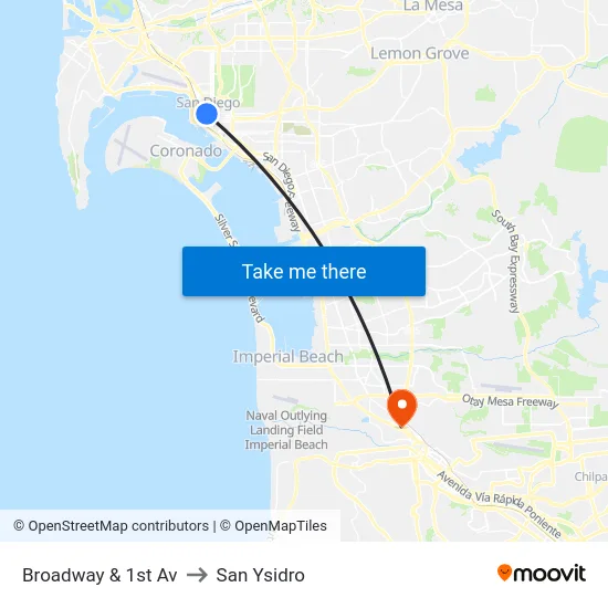 Broadway & 1st Av to San Ysidro map