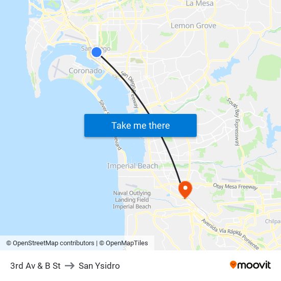 3rd Av & B St to San Ysidro map