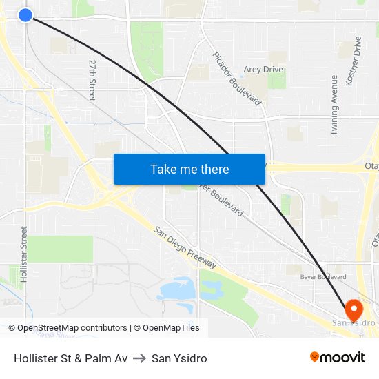 Hollister St & Palm Av to San Ysidro map