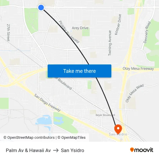 Palm Av & Hawaii Av to San Ysidro map