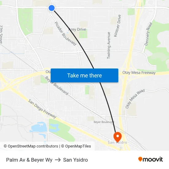 Palm Av & Beyer Wy to San Ysidro map