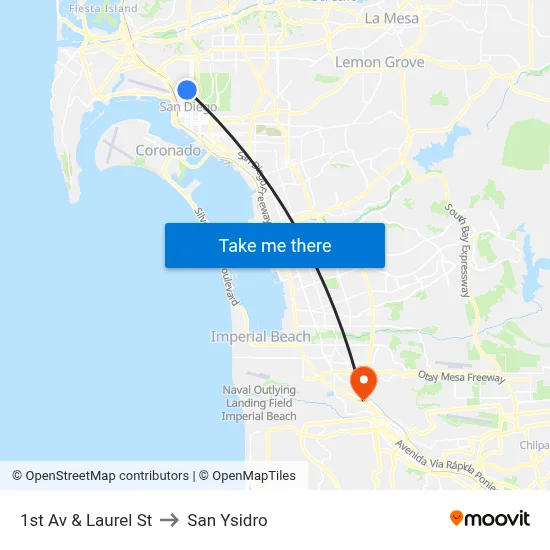 1st Av & Laurel St to San Ysidro map