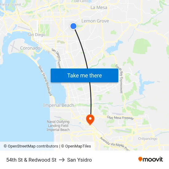 54th St & Redwood St to San Ysidro map