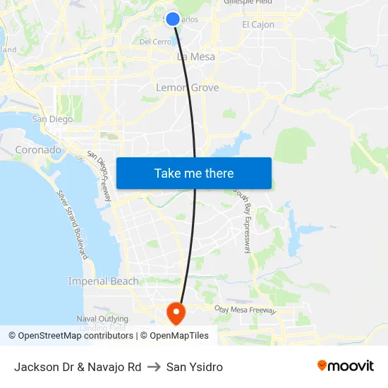Jackson Dr & Navajo Rd to San Ysidro map