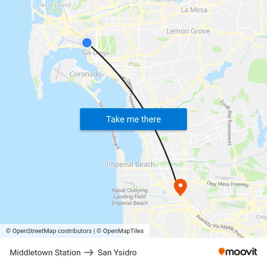 Middletown Station to San Ysidro map