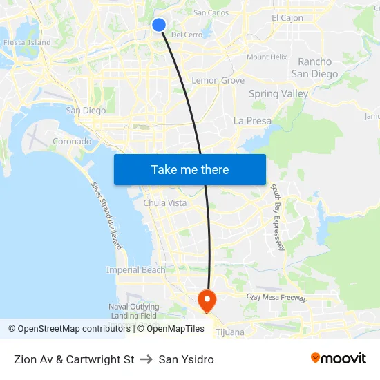 Zion Av & Cartwright St to San Ysidro map