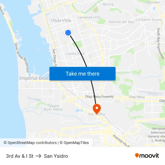 3rd Av & I St to San Ysidro map