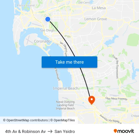 4th Av & Robinson Av to San Ysidro map