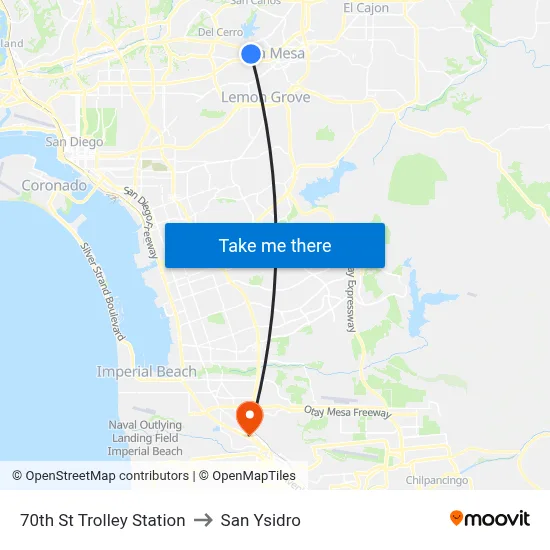 70th St Trolley Station to San Ysidro map