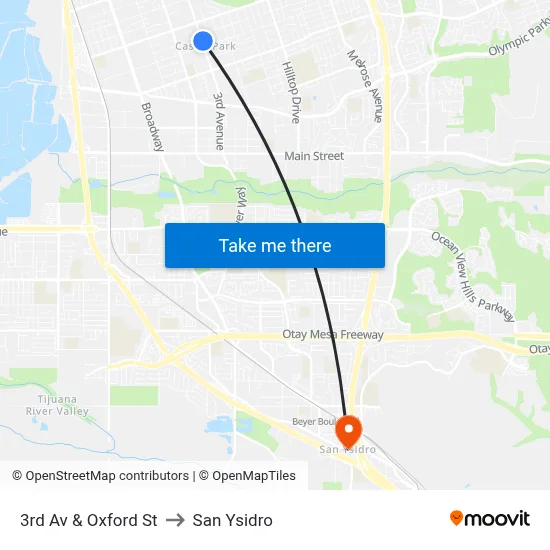 3rd Av & Oxford St to San Ysidro map