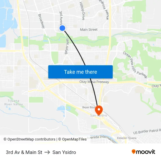 3rd Av & Main St to San Ysidro map