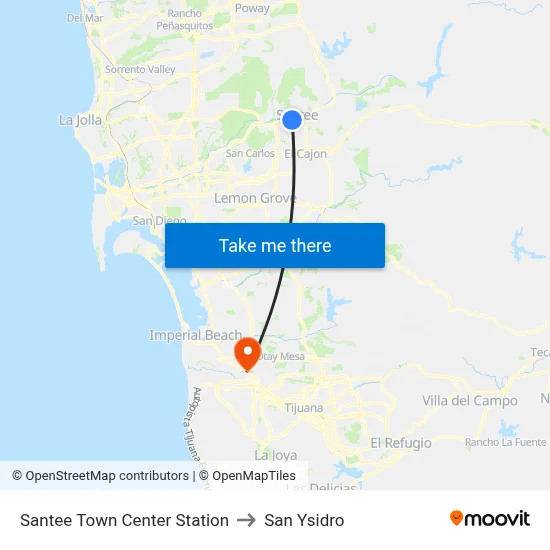 Santee Town Center Station to San Ysidro map