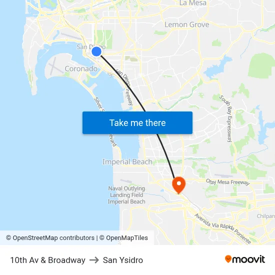 10th Av & Broadway to San Ysidro map