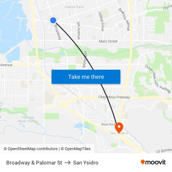 Broadway & Palomar St to San Ysidro map