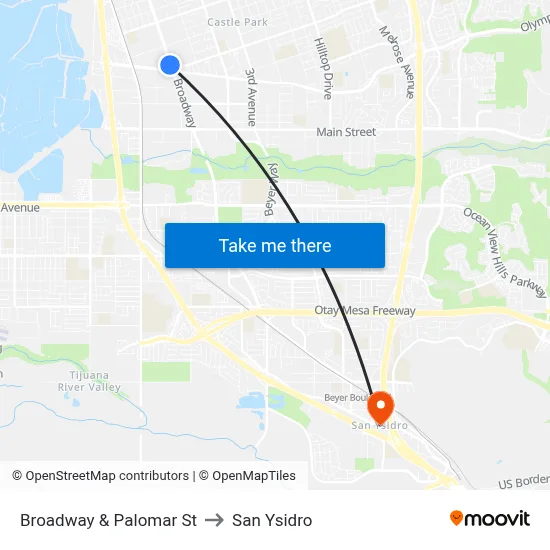 Broadway & Palomar St to San Ysidro map