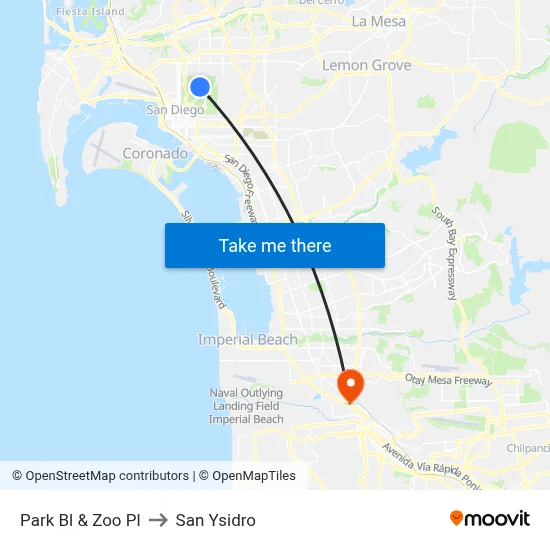 Park Bl & Zoo Pl to San Ysidro map