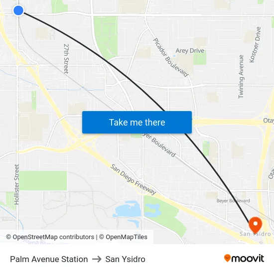 Palm Avenue Station to San Ysidro map