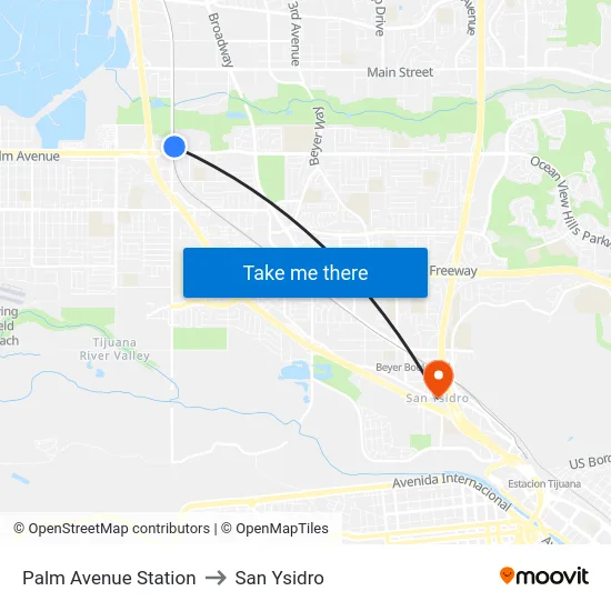 Palm Avenue Station to San Ysidro map