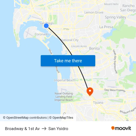 Broadway & 1st Av to San Ysidro map