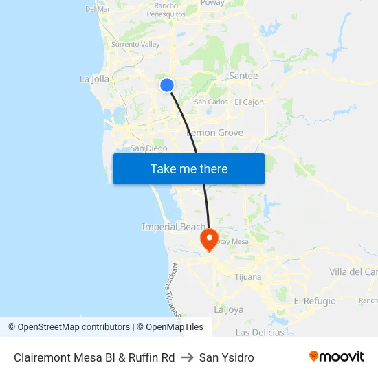 Clairemont Mesa Bl & Ruffin Rd to San Ysidro map