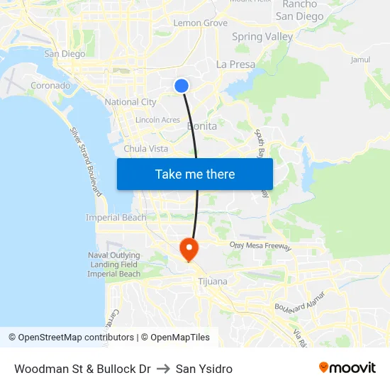 Woodman St & Bullock Dr to San Ysidro map