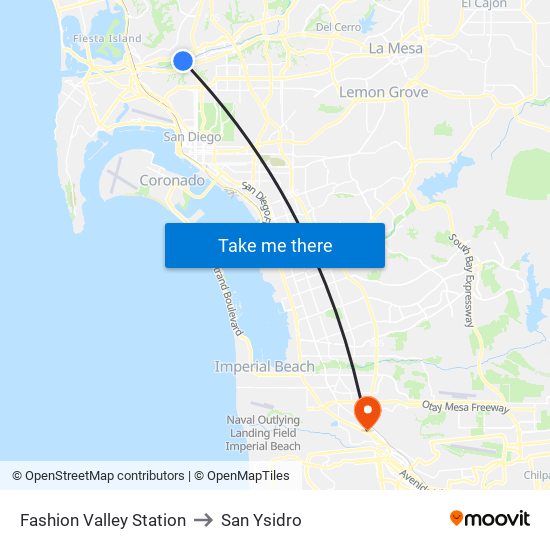 Fashion Valley Station to San Ysidro map
