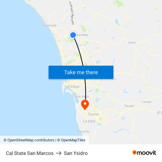 Cal State San Marcos to San Ysidro map